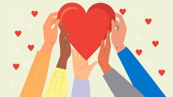 Five diverse hands holding up a heart