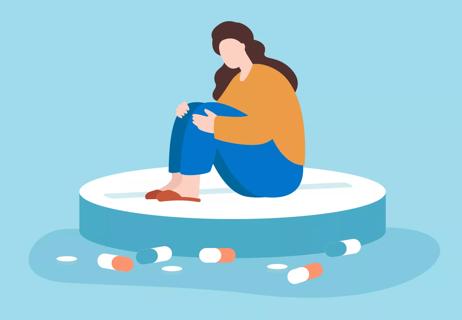 Whimsical illustration of a person sitting on a giant pill