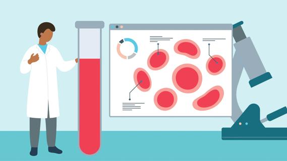 Healthcare provider with oversized vial of blood and microscope, with blood cells