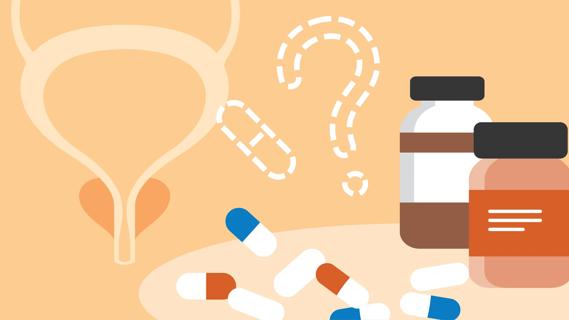 Bottles of medications and supplements, with capsules and pills, prostate and question mark
