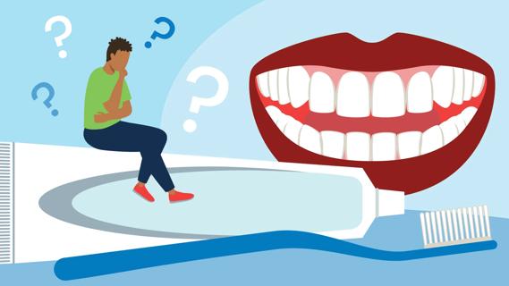 Person sitting on oversized tube of toothpase, with oversized mouth and toothbrush, wondering about dental health