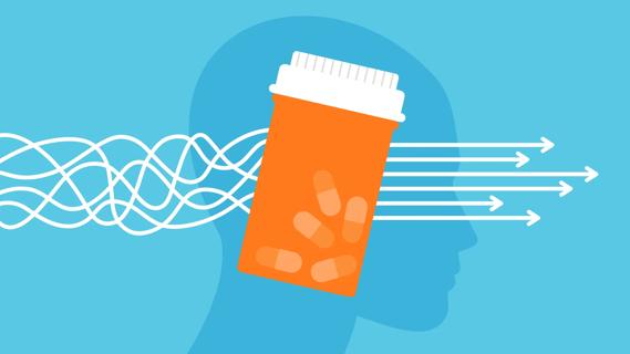 Oversized bottle of medication, with chaotic lines changing to steady lines, and silouhette