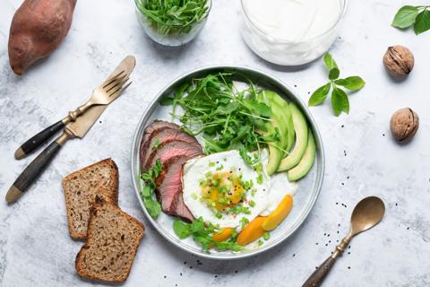 Plate with beef, eggs, avocado, leafy greens and apricots, with multi-grain bread, walnuts, sweet potato and yogurt