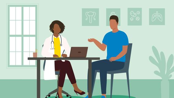 Male patient sitting across desk from healthcare provider, discussing health