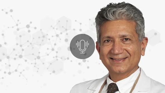 Dr. Deepak Lachhwani against a decorative background with a podcast icon overlay