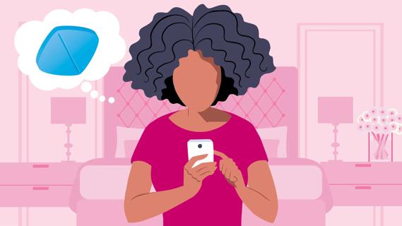 Woman researching viagra on her cell phone