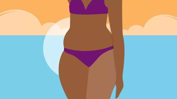 Person in bikini at beach with hip area accented showing hip dips