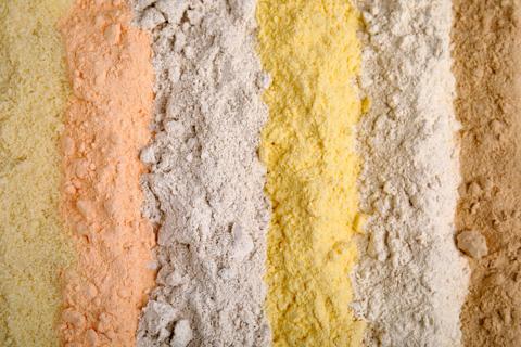 Different types of flour poured out in rows