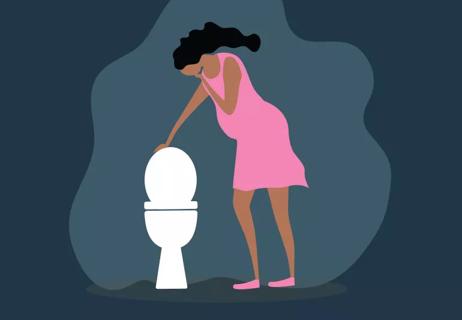 Illustration of pregnant woman sick in bathroom