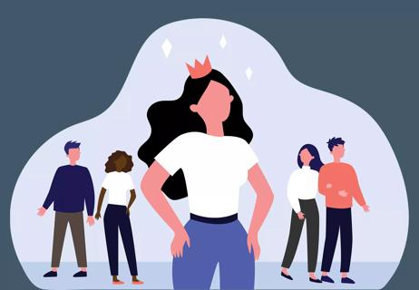 Illustration of woman wearing a crowd and standing in front of a crowd of onlookers