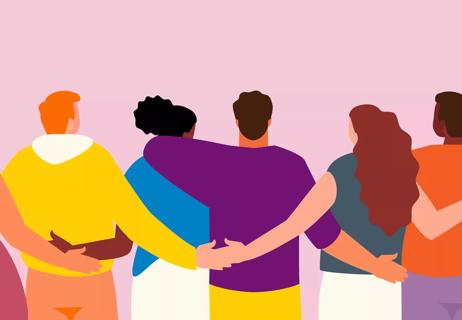 Illustration of a diverse group of people standing with their arms around each other