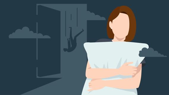 Person clutching pillow in the night from a stressful dream of someone falling in the background through clouds and doorway