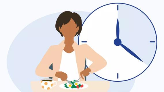 Person eating salad with oversized clock behind them