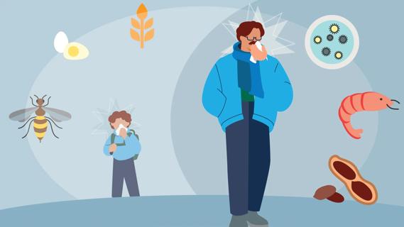 Child with allergies blowing their nose, with child as an adult blowing their nose
