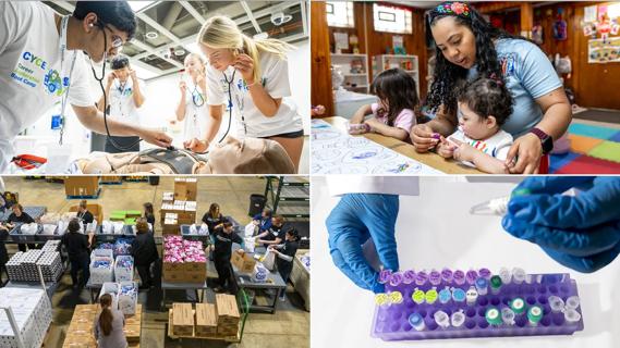 Photo collage showing education, research and community support.