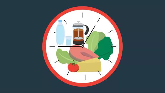 clock with diet foods and water