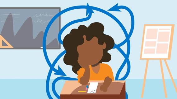 Child at desk at school, with arrows weaving all around their head, symbolizing distraction