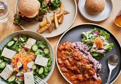 Three vegan meals of organic curry, an alternative soy meat burger and tofu salad displayed on a wooden table.
