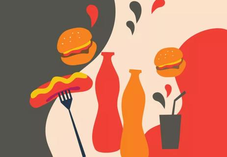 An illustration of hamburgers, hot dogs, and soda