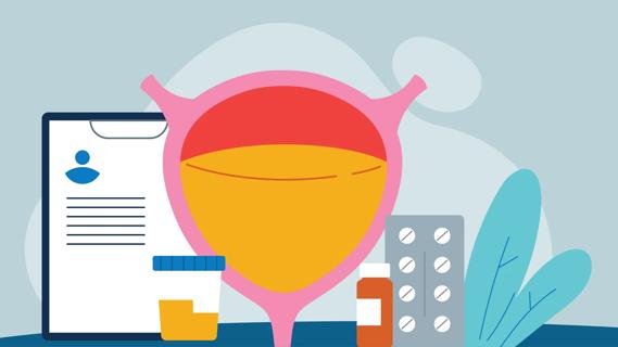 Medications, clipboard and urinalysis cup alongside a bladder
