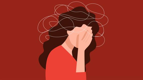 Person with head in their hand, thoughts swirling around them