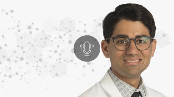 Dr. Andrew Dhawan against a decorative background with podcast icon overlay