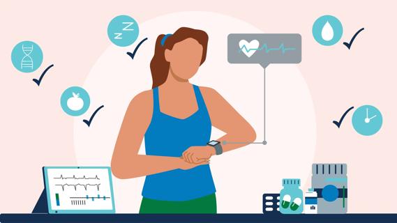Person checking their health stats on their smartwatch, with checked off health goals, biohacking
