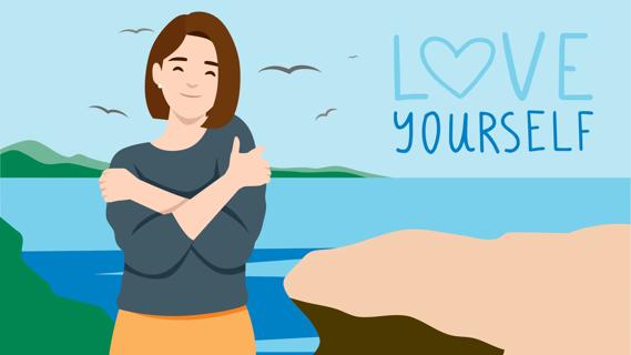 Person outdoors hugging self with the affirmation love yourself in the background