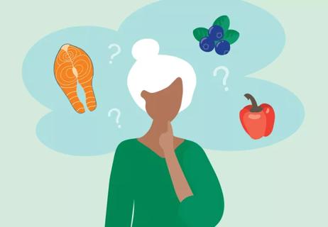 Illustration of a person wondering about various foods like salmon, blueberries or a pepper