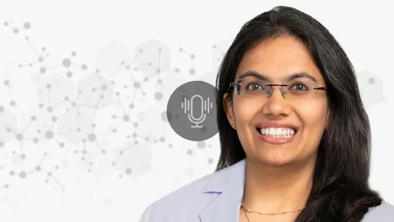 portrait of Dr. Kriti Bhayana against decorative background with podcast overlay