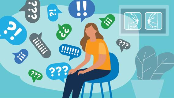 Person sitting, with breast cancer questions and concerns, with mammogram image