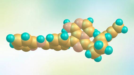 stylized illustration of a chemical compound made up of connected multicolor spheres