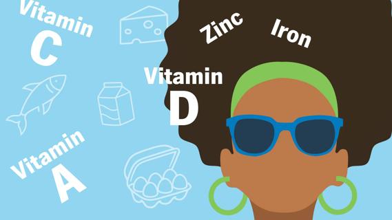 Face of person, with coifed hair, and vitamins types and foods around