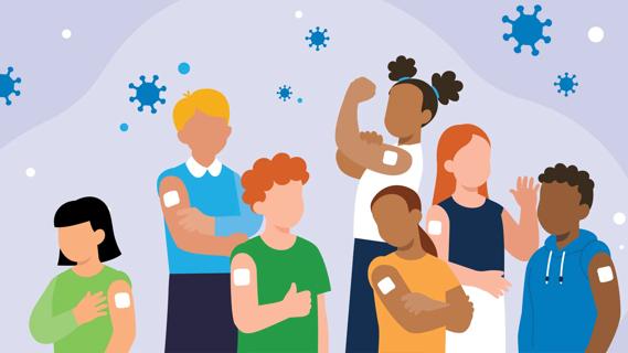 Group of kids showing their vaccination bandages on their arms