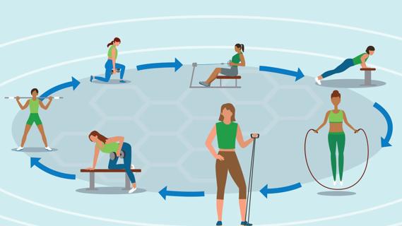 People circuit training, moving from one exercise station to another