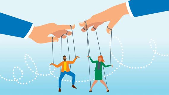 Hands manipulate marionette people