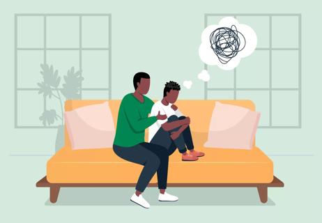 An illustration of a parent comforting on a child who is having traumatic thoughts