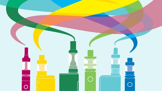 Assorted colored and style vapes, emitting vapors