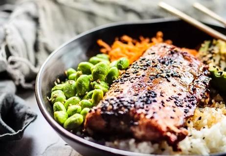 Plate with salmon, beans and other protein foods