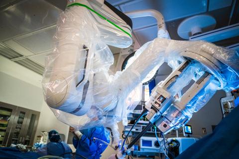 Single-port robot docked in the operating room