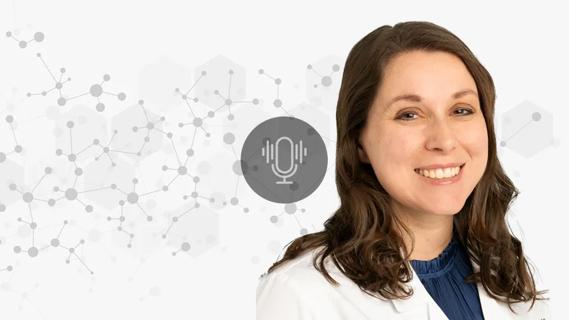 Dr. Nina Moore against a decorative background with a podcast button overlay