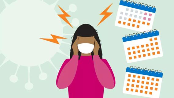 Person experiencing COVID headache, with calendar months floating in background