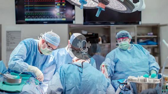 surgical team in an operating room with a podcast button overlay