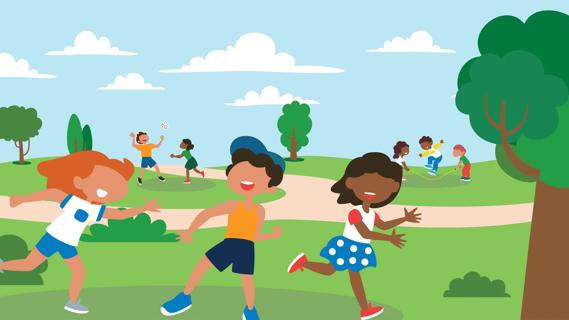 Kids playing tag, volleyball and jump rope in a park