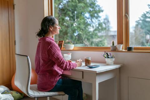 Person at desk at home, writing in journal, looking up, out window, in mid-thought