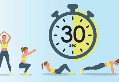 Person exercising 30 seconds, noted by timer, before switching to a different exercise