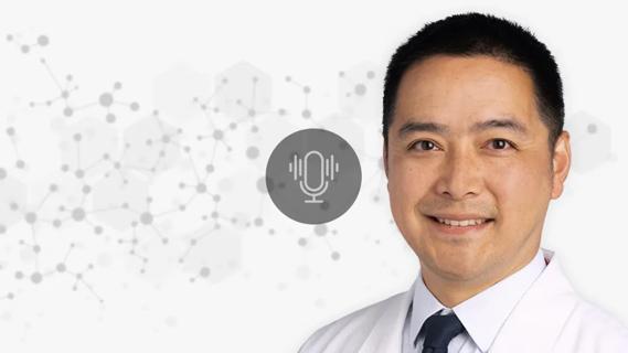 Dr. James Liao against a decorative backdrop with podcast overlay