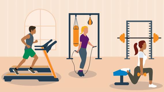 People use various exercise equipment to work out at the gym