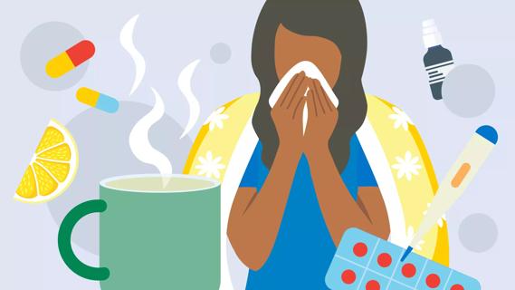 Person blowing nose, surrounded by medicines and home remedies