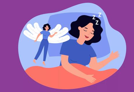 Illustration of person asleep on a pillow with an angel version of themself flying over them